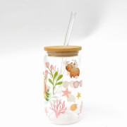 Szklanka 350 ml z bambusową pokrywką i słomką - kapibara w SPA wodne rośliny mała kapibara slow relax - pocichutku.pl