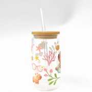 Szklanka 350 ml z bambusową pokrywką i słomką - kapibara w SPA wodne rośliny mała kapibara slow relax - pocichutku.pl