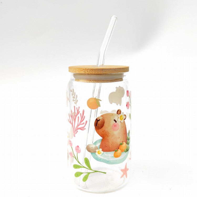 Szklanka 350 ml z bambusową pokrywką i słomką - kapibara w SPA wodne rośliny mała kapibara slow relax - pocichutku.pl