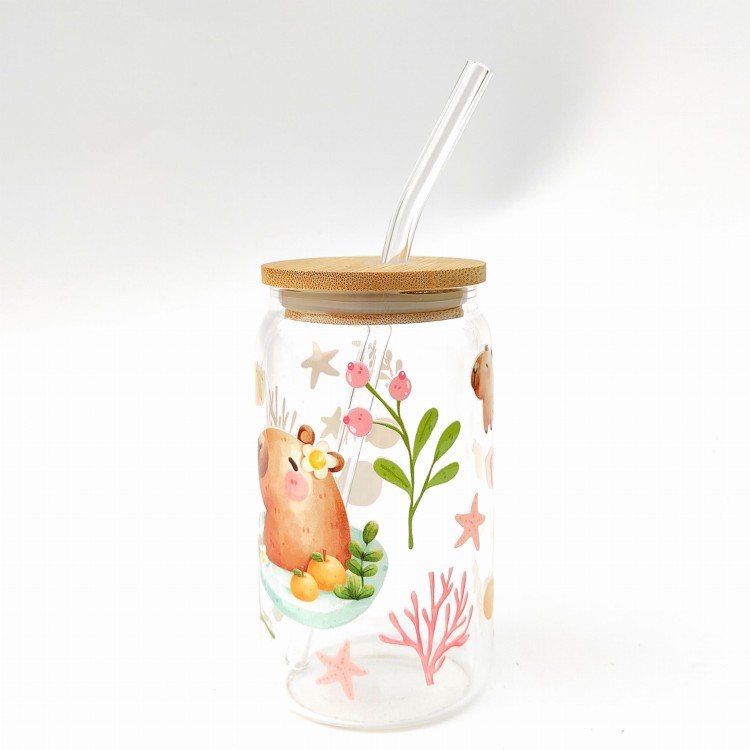 Szklanka 350 ml z bambusową pokrywką i słomką - kapibara w SPA wodne rośliny mała kapibara slow relax - pocichutku.pl