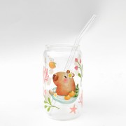 Szklanka 350 ml z bambusową pokrywką i słomką - kapibara w SPA wodne rośliny mała kapibara slow relax - pocichutku.pl