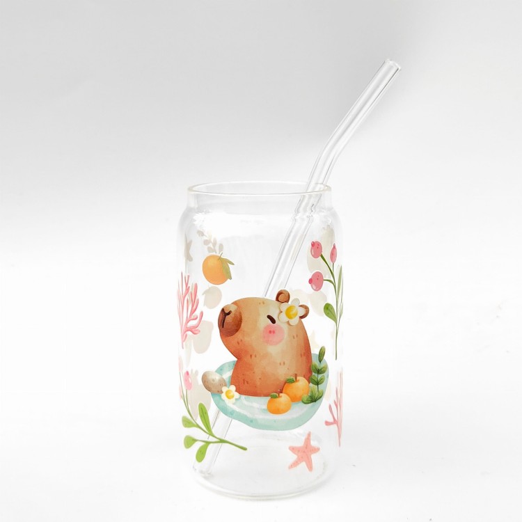 Szklanka 350 ml z bambusową pokrywką i słomką - kapibara w SPA wodne rośliny mała kapibara slow relax - pocichutku.pl