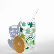 Szklanka 550 ml z bambusową pokrywką i słomką - zielona tęcza z koniczyną na szczęście szklanka dla maturzysty - pocichutku.pl