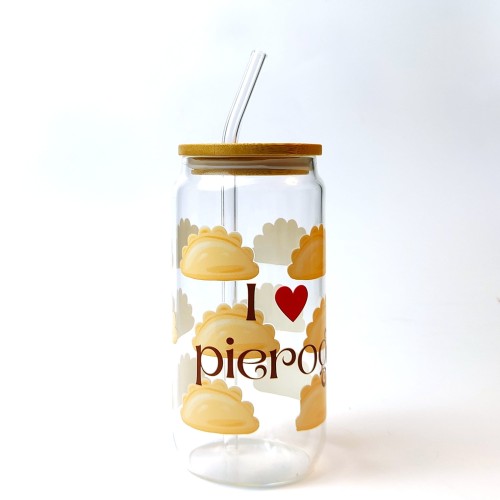 Szklanka 550 ml z bambusową pokrywką i szklaną słomką - kocham pierogi, z serduszkiem - pocichutku.pl