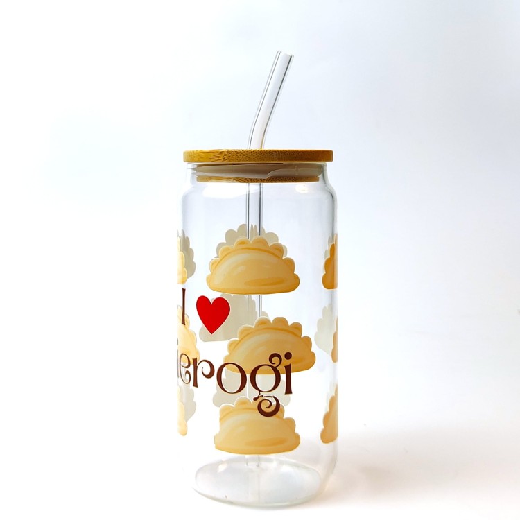 Szklanka 550 ml z bambusową pokrywką i szklaną słomką - kocham pierogi, z serduszkiem - pocichutku.pl