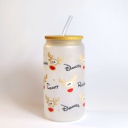 Szklany kubek 550 ml mleczne szkło z bambusową pokrywką i szklaną słomką - 9 główek reniferów z imionami reniferów Świętego Mikołaja - pocichutku.pl
