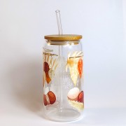 Szklanka 550 ml z bambusową pokrywką i szklaną słomką - sznurki, makramy różnej wielkości i różnych wzorach - pocichutku.pl