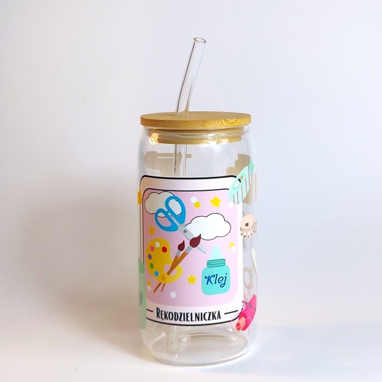 Szklany kubek 550 ml z bambusową pokrywką i szklaną słomką - akcesoria do rękodzieła w pastelowych, jasnych kolorach - pocichutku.pl