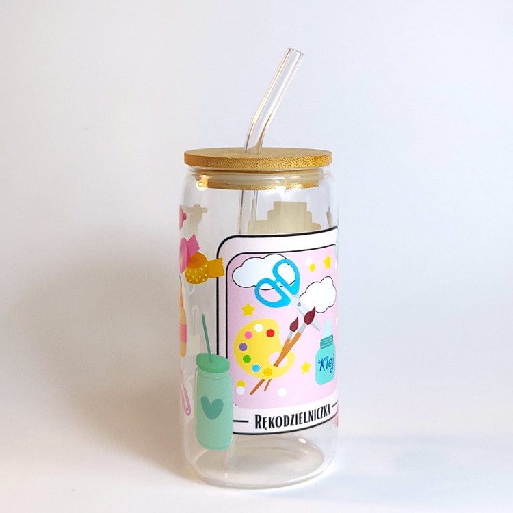 Szklany kubek 550 ml z bambusową pokrywką i szklaną słomką - akcesoria do rękodzieła w pastelowych, jasnych kolorach - pocichutku.pl