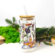 Szklanka 550 ml z bambusową pokrywką i słomką – Slytherin z herbem i motywami z Hogwartu – pocichutku.pl