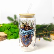 Szklanka 550 ml z bambusową pokrywką i słomką – Ravenclaw z herbem i motywami z Hogwartu – pocichutku.pl