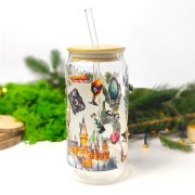 Szklanka 550 ml z bambusową pokrywką i słomką – Ravenclaw z herbem i motywami z Hogwartu – pocichutku.pl