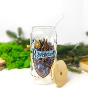 Szklanka 550 ml z bambusową pokrywką i słomką – Ravenclaw z herbem i motywami z Hogwartu – pocichutku.pl