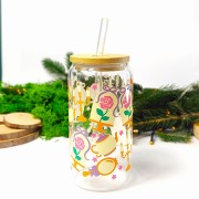 Szklanka 550 ml z bambusową pokrywką i słomką - inpirowana baśnią o Pięknej i Bestii, lusterka róża pod pokrywką - pocichutku.pl