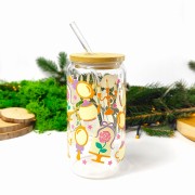 Szklanka 550 ml z bambusową pokrywką i słomką - inpirowana baśnią o Pięknej i Bestii, lusterka róża pod pokrywką - pocichutku.pl