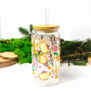 Szklanka 550 ml z bambusową pokrywką i słomką - inpirowana baśnią o Pięknej i Bestii, lusterka róża pod pokrywką - pocichutku.pl