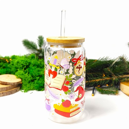Szklany kubek 550 ml z bambusową pokrywką i słomką - Zaczarowana - elementy z świata romansu i fantastyki - pocichutku.pl