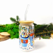 Szklany kubek 350 ml dla dziecka z bambusową pokrywką i słomką - bluey kojarzony z Starbucks - pocichutku.pl