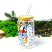 Szklany kubek 350 ml dla dziecka z bambusową pokrywką i słomką - bluey kojarzony z Starbucks - pocichutku.pl