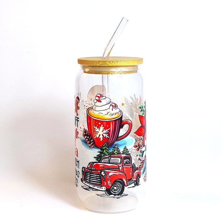 Świąteczny szklany kubek 550 ml z bambusową pokrywką i słomką - czas na pieczenie pierniczków! - pocichutku.pl