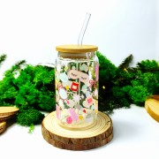 Szklany kubek 350 ml z bambusową pokrywką i słomką - beauty SPA z akcesoriami kosmetycznymi domowe spa relaks odpoczynek - pocichutku.pl