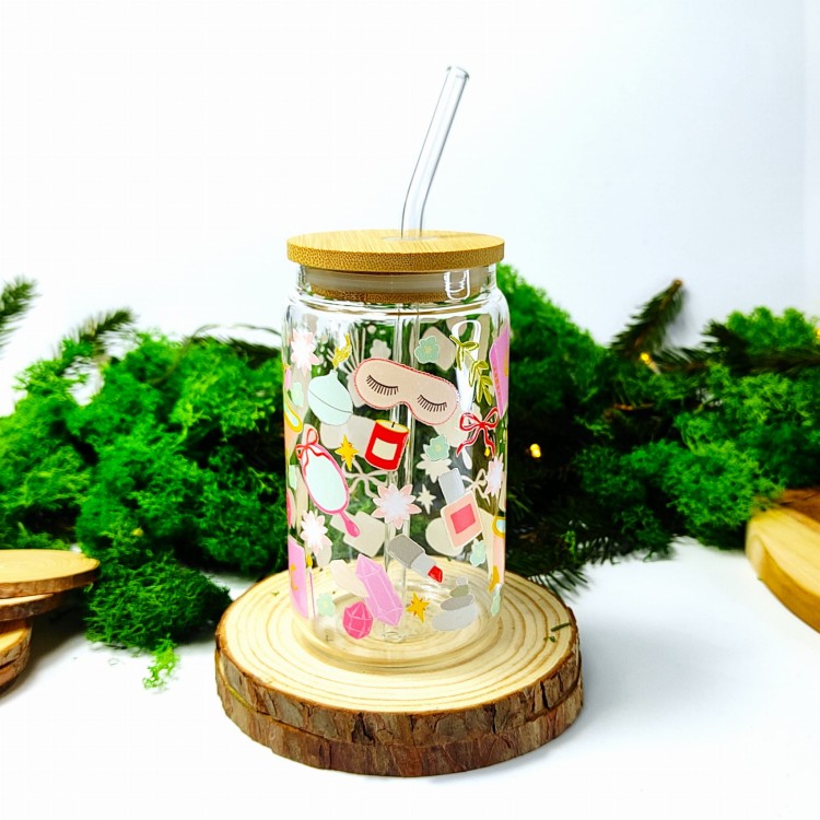 Szklany kubek 350 ml z bambusową pokrywką i słomką - beauty SPA z akcesoriami kosmetycznymi domowe spa relaks odpoczynek - pocichutku.pl