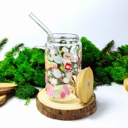 Szklany kubek 350 ml z bambusową pokrywką i słomką - beauty SPA z akcesoriami kosmetycznymi domowe spa relaks odpoczynek - pocichutku.pl