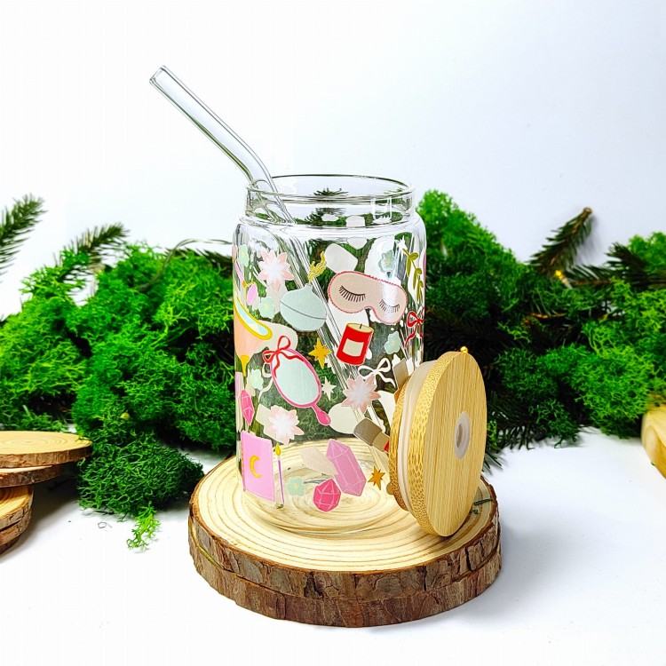 Szklany kubek 350 ml z bambusową pokrywką i słomką - beauty SPA z akcesoriami kosmetycznymi domowe spa relaks odpoczynek - pocichutku.pl