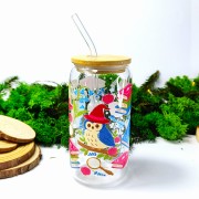 Szklany kubek 550 ml z bambusową pokrywką i słomką - akademia magii i jej akcesoria, niebieska sowa =, książki - pocichutku.pl