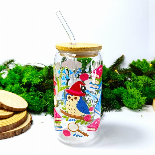 Szklany kubek 550 ml z bambusową pokrywką i słomką - akademia magii i jej akcesoria, niebieska sowa =, książki - pocichutku.pl