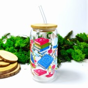 Szklany kubek 550 ml z bambusową pokrywką i słomką - akademia magii i jej akcesoria, niebieska sowa =, książki - pocichutku.pl