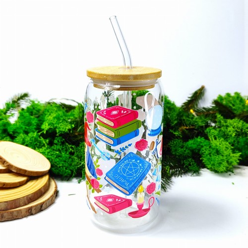 Szklany kubek 550 ml z bambusową pokrywką i słomką - akademia magii i jej akcesoria, niebieska sowa =, książki - pocichutku.pl