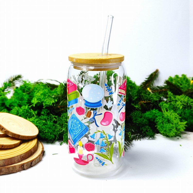 Szklany kubek 550 ml z bambusową pokrywką i słomką - akademia magii i jej akcesoria, niebieska sowa =, książki - pocichutku.pl