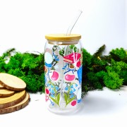 Szklany kubek 550 ml z bambusową pokrywką i słomką - akademia magii i jej akcesoria, niebieska sowa =, książki - pocichutku.pl