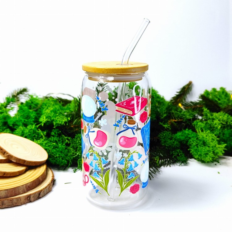 Szklany kubek 550 ml z bambusową pokrywką i słomką - akademia magii i jej akcesoria, niebieska sowa =, książki - pocichutku.pl