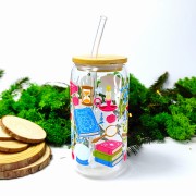 Szklany kubek 550 ml z bambusową pokrywką i słomką - akademia magii i jej akcesoria, niebieska sowa =, książki - pocichutku.pl