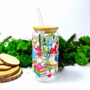 Szklany kubek 550 ml z bambusową pokrywką i słomką - akademia magii i jej akcesoria, niebieska sowa =, książki - pocichutku.pl