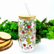 Szklany kubek 550 ml z pokrywką i słomką - poziomki różowe i czerwone z listkami - pocichutku.pl