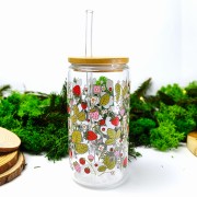 Szklany kubek 550 ml z pokrywką i słomką - poziomki różowe i czerwone z listkami - pocichutku.pl
