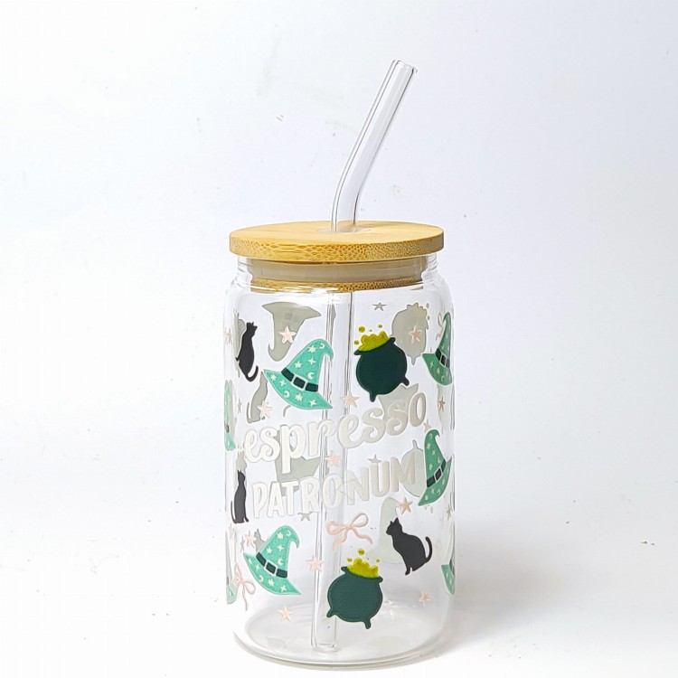 Szklanka 350 ml z bambusową pokrywką i słomką - dla fanów kawy i Harry'ego Pottera w wersji zielonej - pocichutku.pl