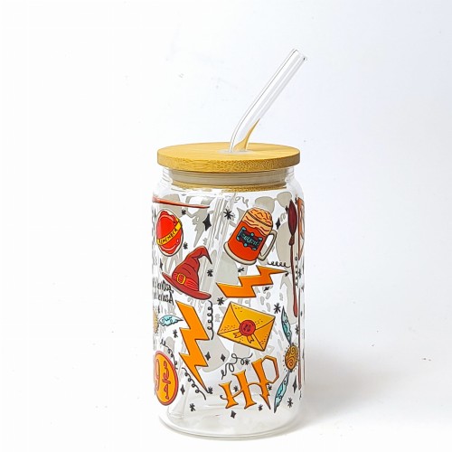 Szklany kubek 350 ml z drewnianą pokrywką i słomką - szklanka inspirowana serią Harry Potter - pocichutku.pl