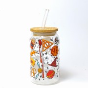 Szklany kubek 350 ml z drewnianą pokrywką i słomką - szklanka inspirowana serią Harry Potter - pocichutku.pl
