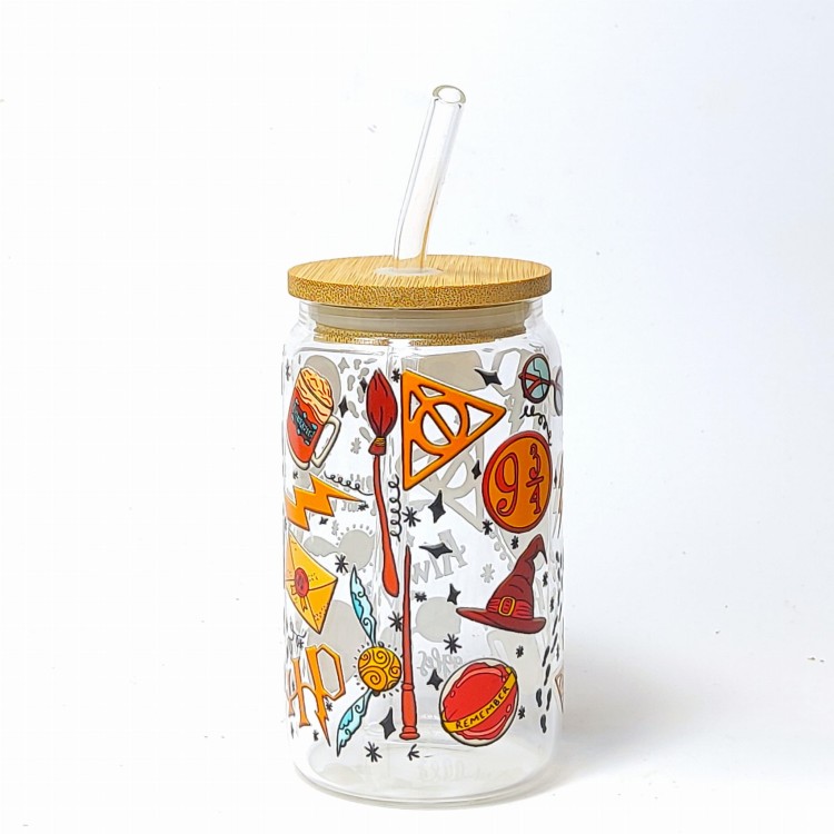 Szklany kubek 350 ml z drewnianą pokrywką i słomką - szklanka inspirowana serią Harry Potter - pocichutku.pl