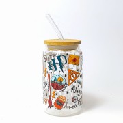 Szklany kubek 350 ml z drewnianą pokrywką i słomką - szklanka inspirowana serią Harry Potter - pocichutku.pl