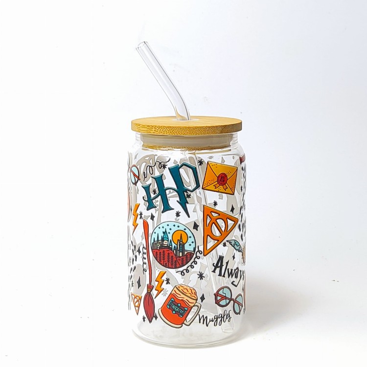 Szklany kubek 350 ml z drewnianą pokrywką i słomką - szklanka inspirowana serią Harry Potter - pocichutku.pl