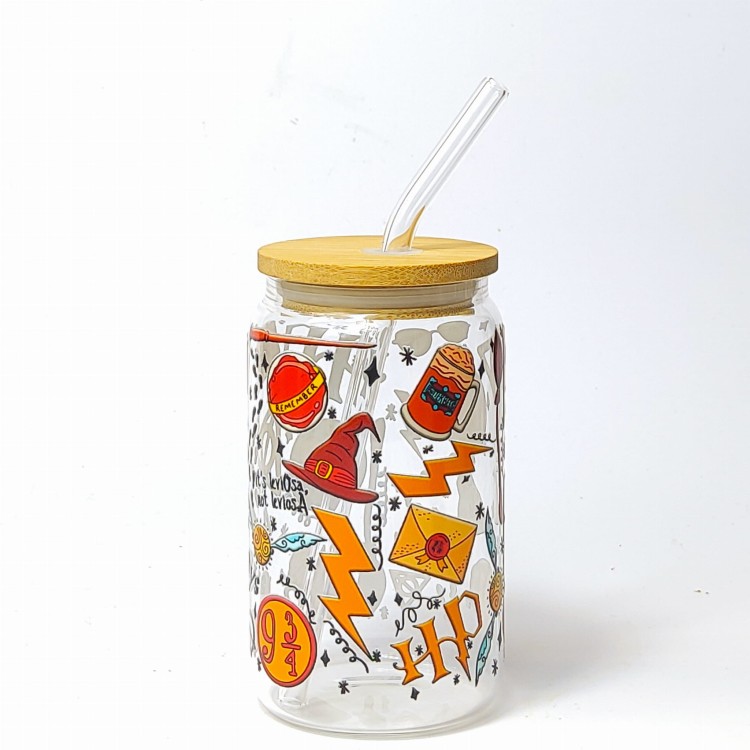 Szklany kubek 350 ml z drewnianą pokrywką i słomką - szklanka inspirowana serią Harry Potter - pocichutku.pl