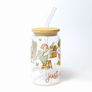 Szklany kubek 350 ml z bambusową pokrywką i słomką - Just a bookish goose gąska książkara - pocichutku.pl