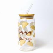 Szklany kubek 550 ml z pokrywką i słomką - mmmmm... pierogi, kubek dla miłośnika pierogów - pocichutku.pl