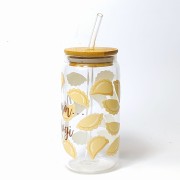 Szklany kubek 550 ml z pokrywką i słomką - mmmmm... pierogi, kubek dla miłośnika pierogów - pocichutku.pl