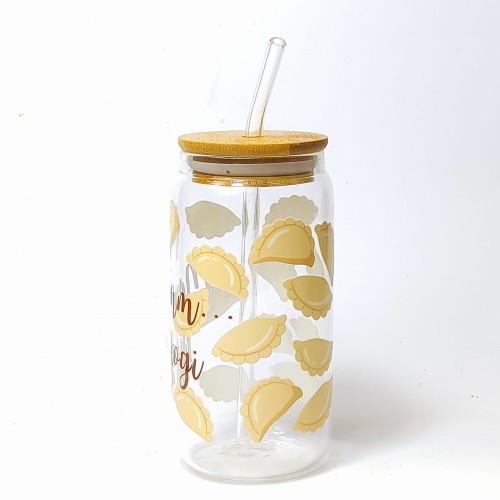 Szklany kubek 550 ml z pokrywką i słomką - mmmmm... pierogi, kubek dla miłośnika pierogów - pocichutku.pl